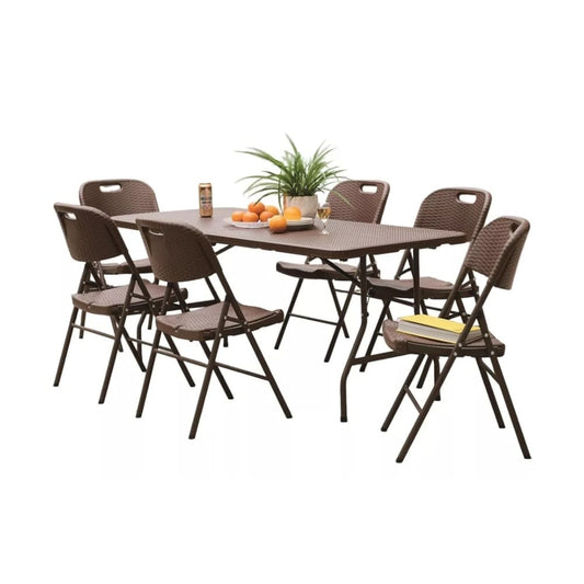 Mesa plegable 180 cm Eco-Rattan Café | Tipo maleta juego mesas y sillas fondo blanco